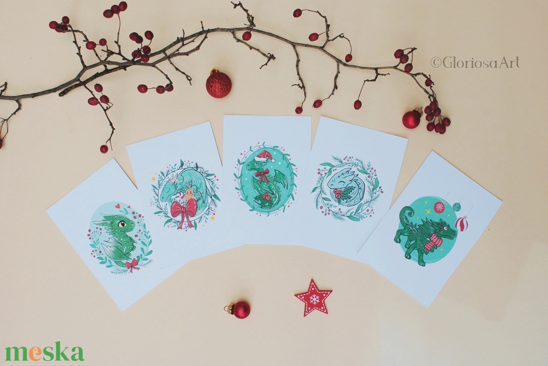 Aranyos karácsonyi sárkányok - művészeti nyomat szett - művészet - grafika & illusztráció - művészi nyomat - Meska.hu