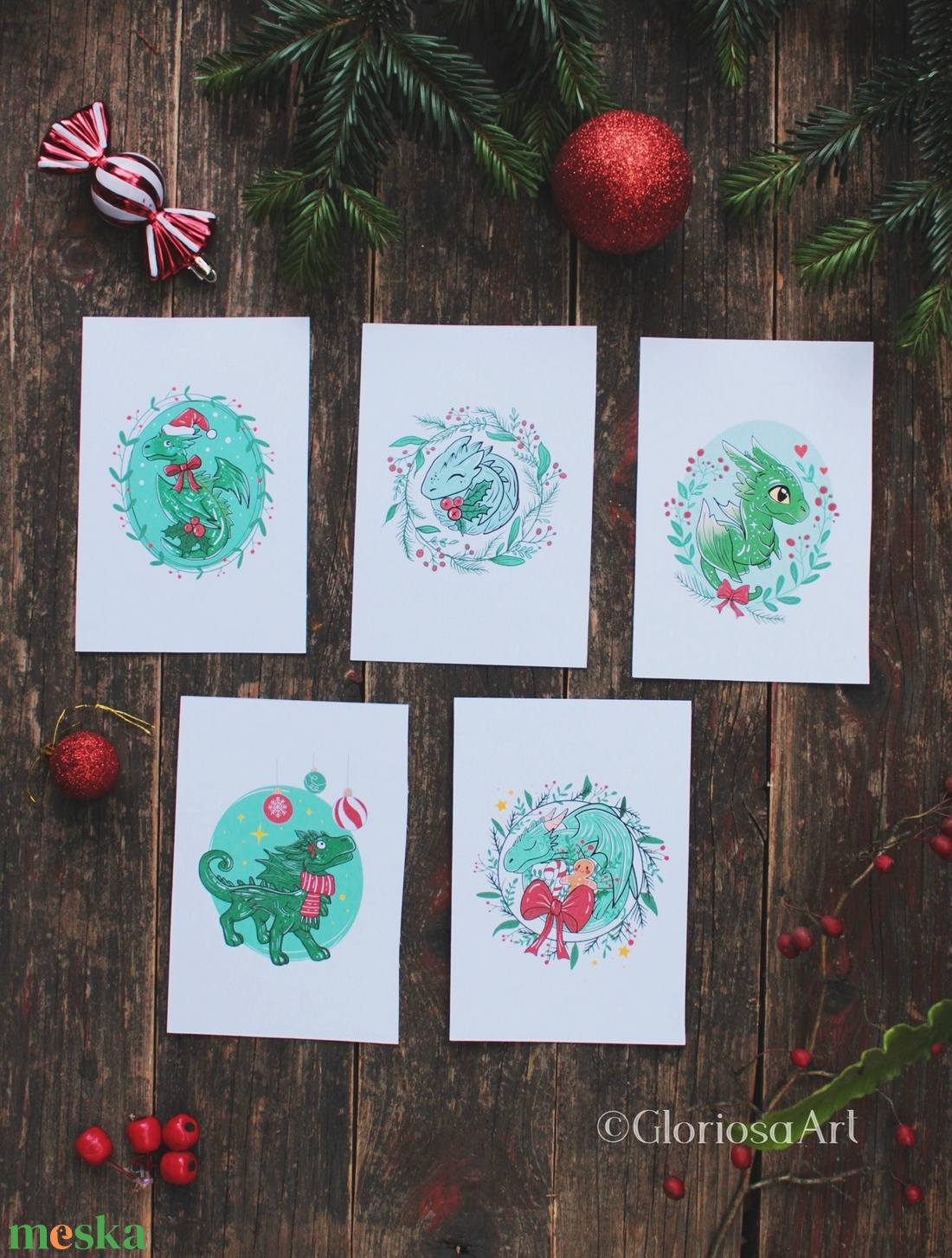 Aranyos karácsonyi sárkányok - művészeti nyomat szett - művészet - grafika & illusztráció - művészi nyomat - Meska.hu