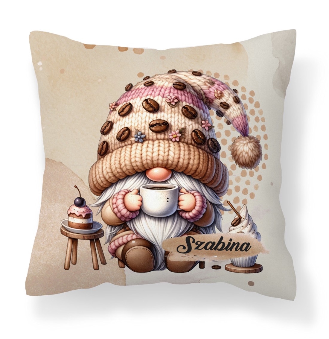 Névvel kérhető - Kávés manó sütikével mintás párna - otthon & életmód - lakástextil - párna & párnahuzat - díszpárna (belsővel együtt) - Meska.hu