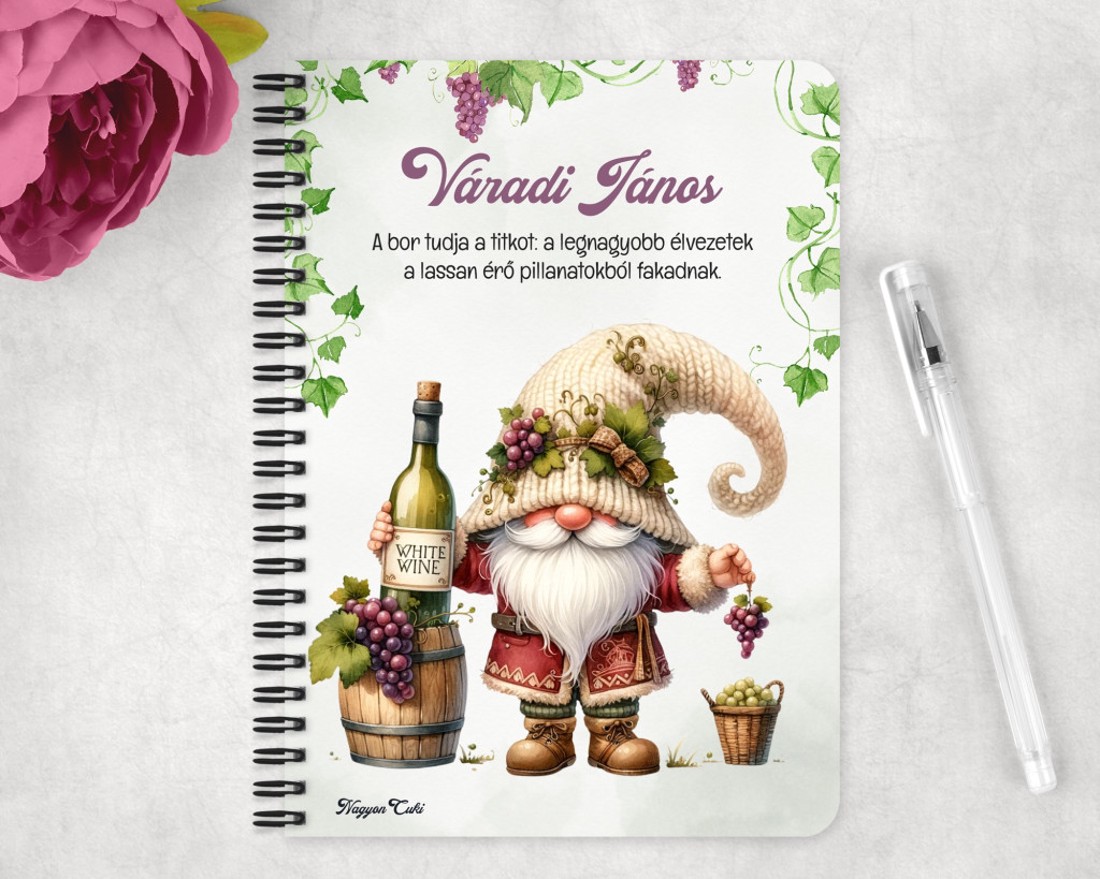 Személyre szabható - A legjobb borász manó és a fehér bor mintás A5-ös füzet - otthon & életmód - papír, írószer - jegyzetfüzet & napló - Meska.hu