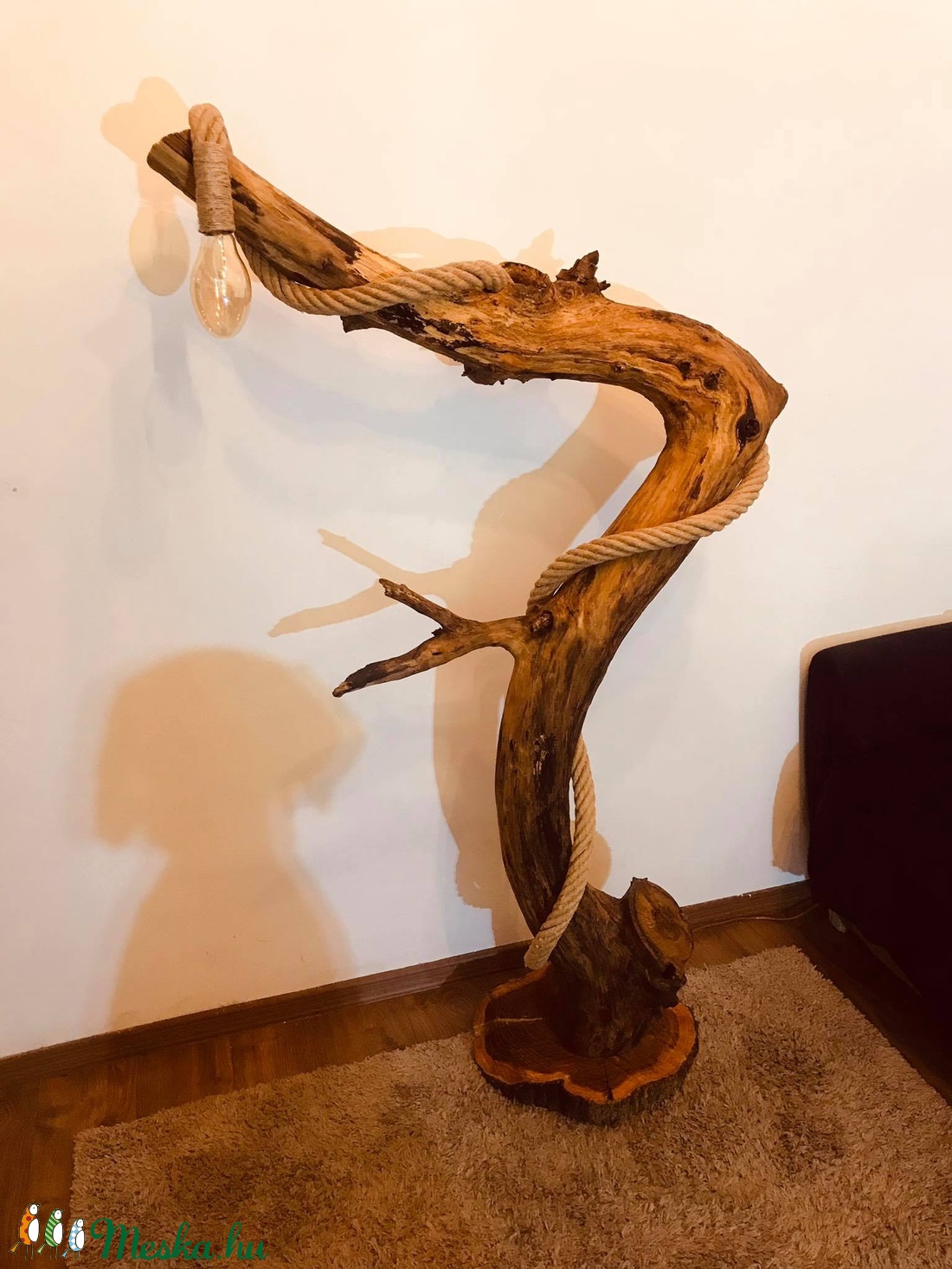 Rusztikus állólámpa görbe fából és kötélből - otthon & életmód - lámpa - állólámpa - Meska.hu