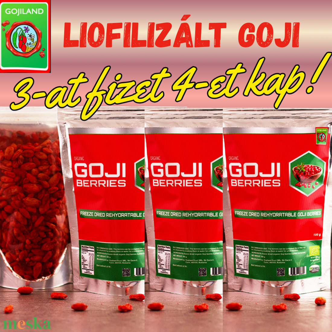 3+1db LIOFILIZÁLT BIO GOJI BOGYÓ (4x100g) - élelmiszer - gyümölcs, zöldség - Meska.hu