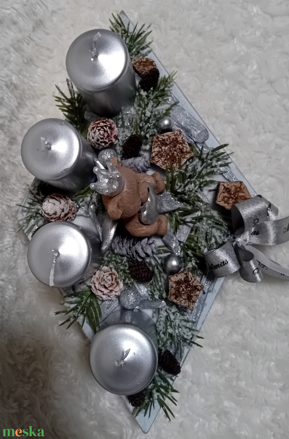 Ezüst gyertyás adventi box macival - karácsony - adventi díszek - adventi asztaldísz - Meska.hu