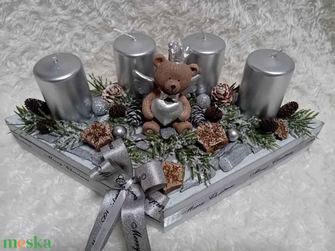 Ezüst gyertyás adventi box macival - karácsony - adventi díszek - adventi asztaldísz - Meska.hu