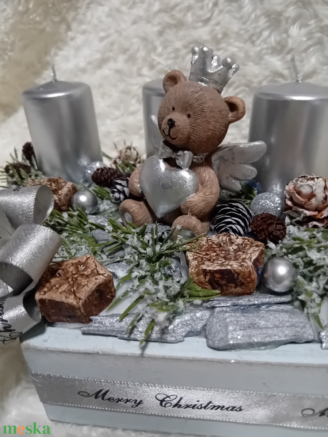 Ezüst gyertyás adventi box macival - karácsony - adventi díszek - adventi asztaldísz - Meska.hu