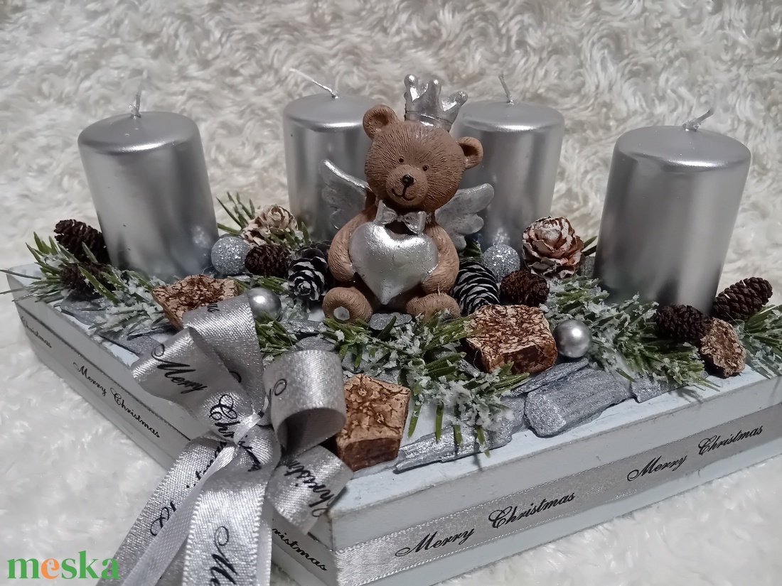 Ezüst gyertyás adventi box macival - karácsony - adventi díszek - adventi asztaldísz - Meska.hu