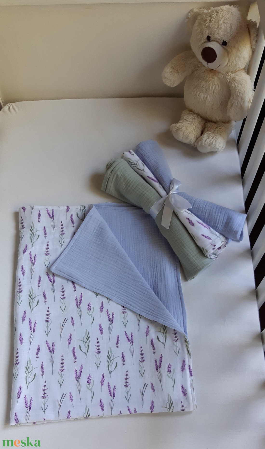 Két rétegű dupla géz nyári takaró és 3 db színben harmonizáló pelenka - baba - mama - baba ágynemű - babatakaró, gyerek pléd - Meska.hu
