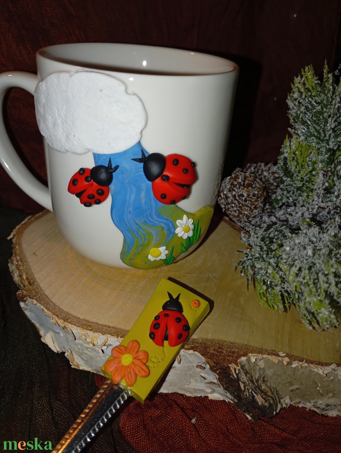 Feliratozható virágos,katicás bögre és kanál - otthon & életmód - konyhafelszerelés, tálalás - tálalás - bögre & csésze - Meska.hu