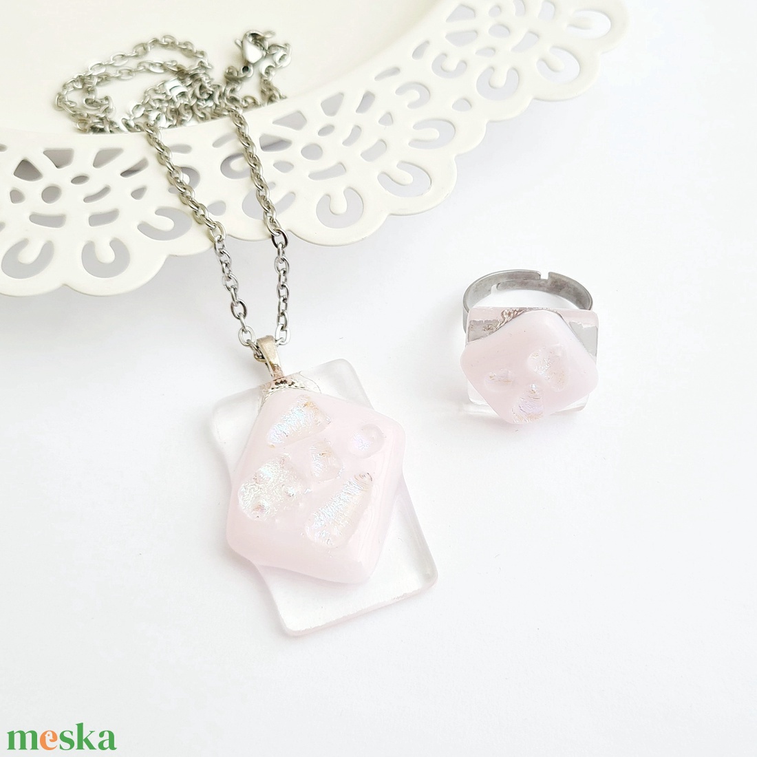 Rózsaszín-átlátszó Dichroic üveg ékszerszett - ékszer - ékszerszett - Meska.hu