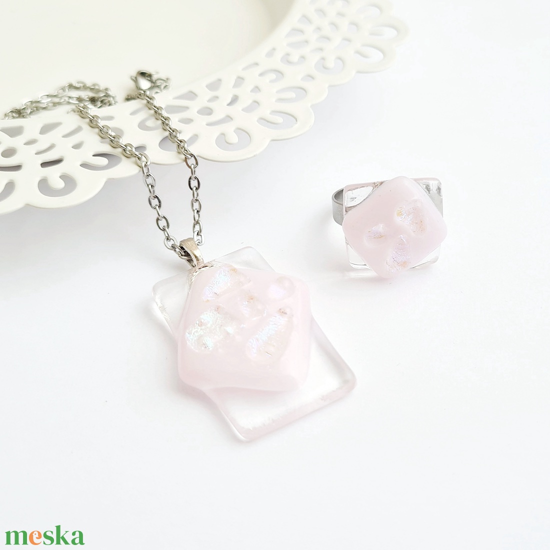 Rózsaszín-átlátszó Dichroic üveg ékszerszett - ékszer - ékszerszett - Meska.hu