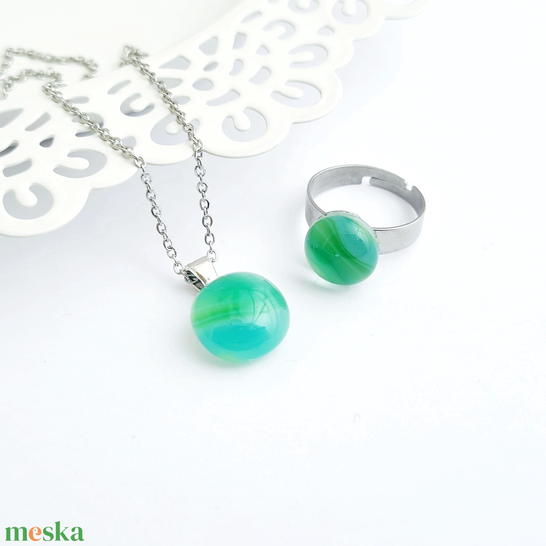 Zöld-türkiz üveg ékszerszett - ékszer - ékszerszett - Meska.hu