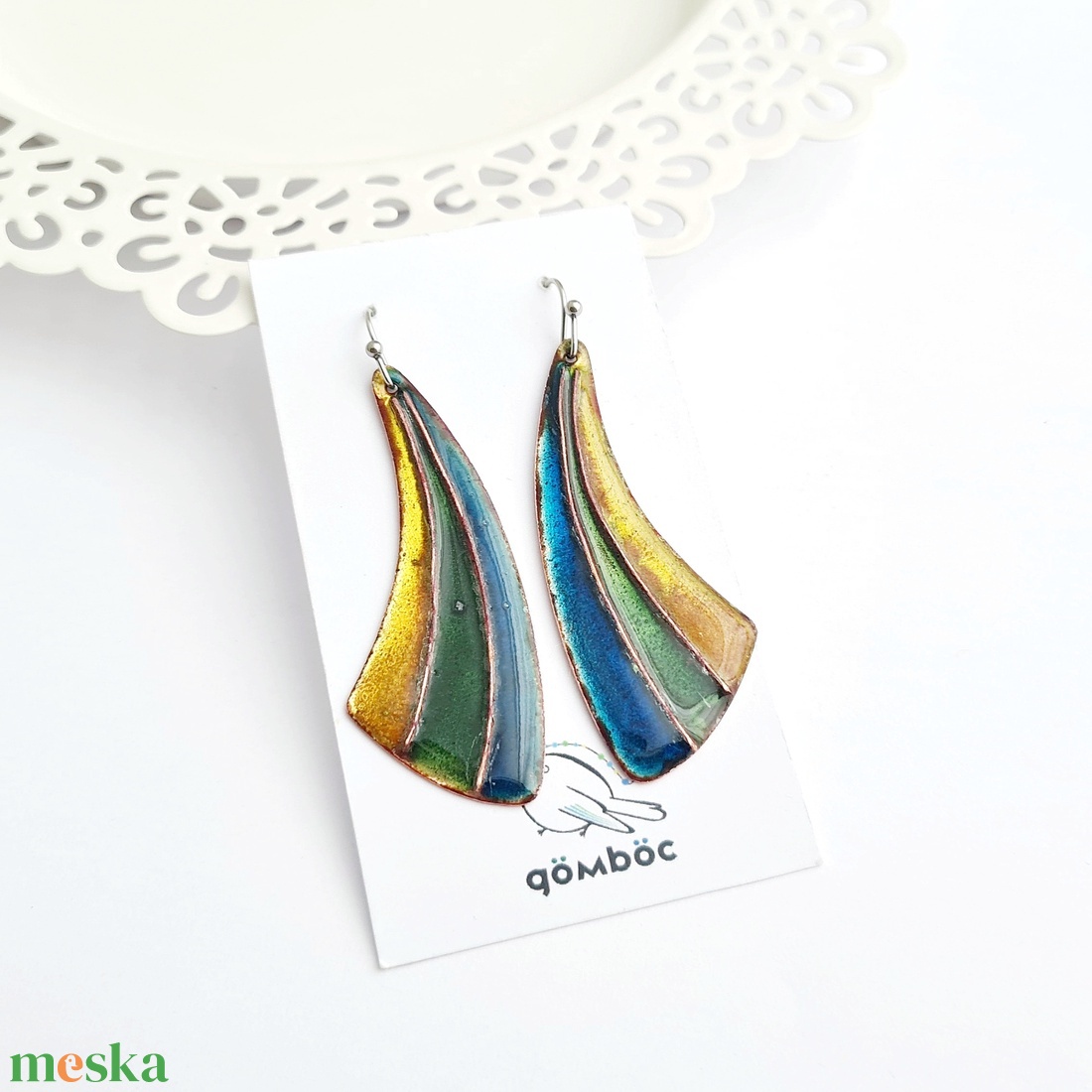 Tűzzománc zöld-kék nemesacél fülbevaló - ékszer - fülbevaló - lógó fülbevaló - Meska.hu