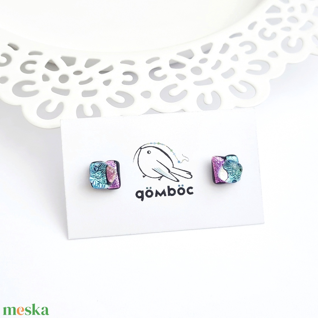 Kék-rózsaszín Dichroic üveg fülbevaló - ékszer - fülbevaló - pötty fülbevaló - Meska.hu