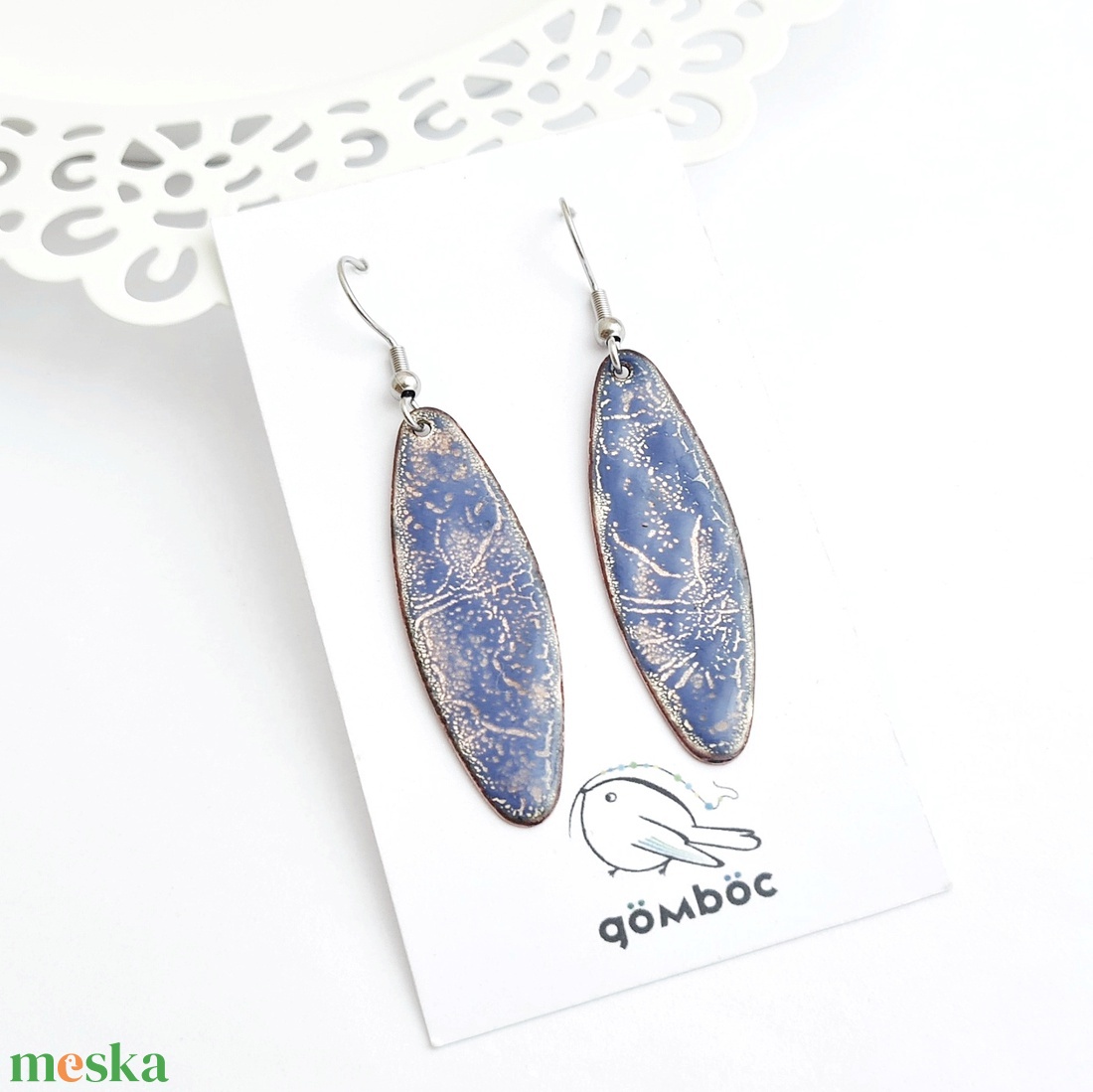 Tűzzománc ovális kék fülbevaló - ékszer - fülbevaló - lógó fülbevaló - Meska.hu