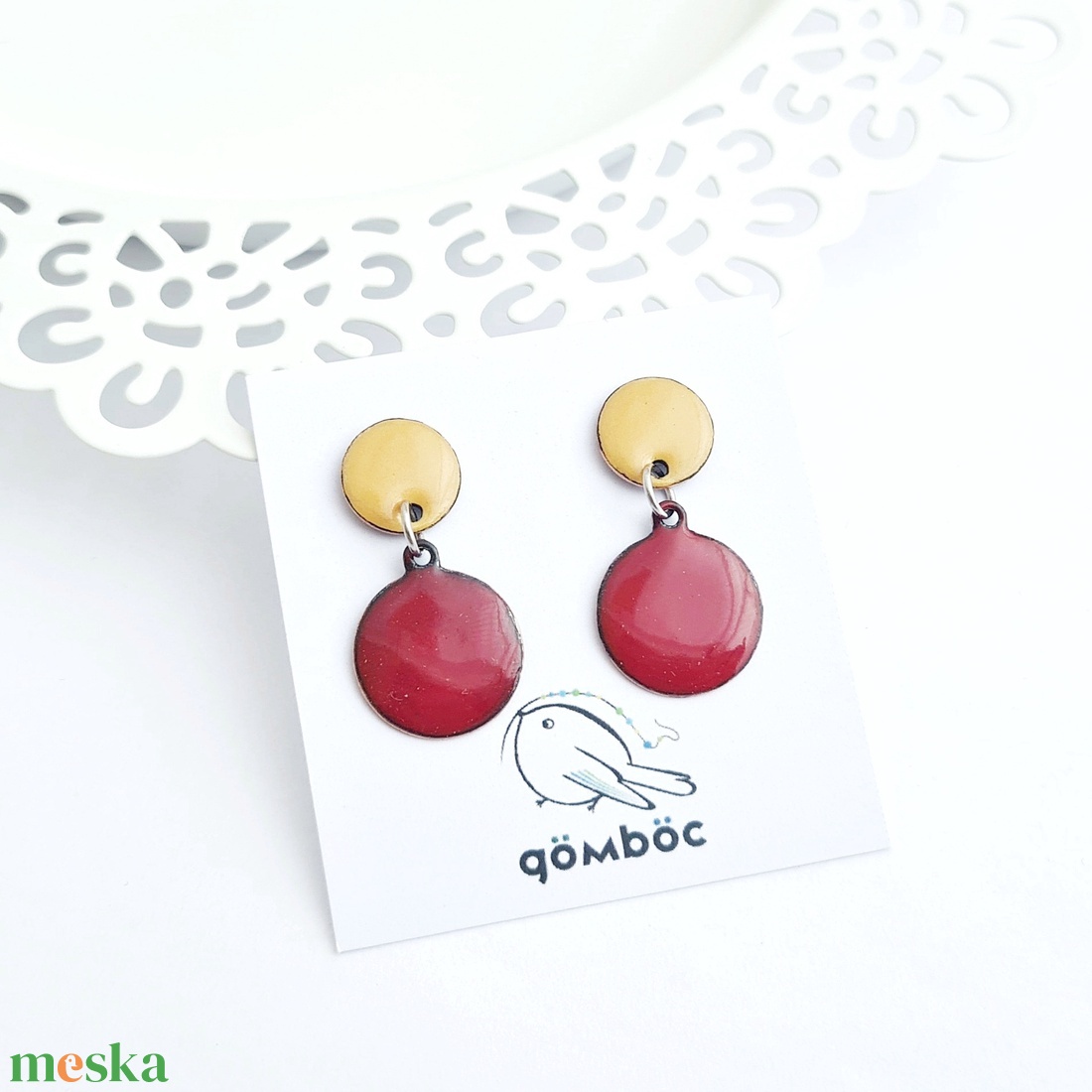 Tűzzománc sárga-piros lógós fülbevaló - ékszer - fülbevaló - lógó fülbevaló - Meska.hu