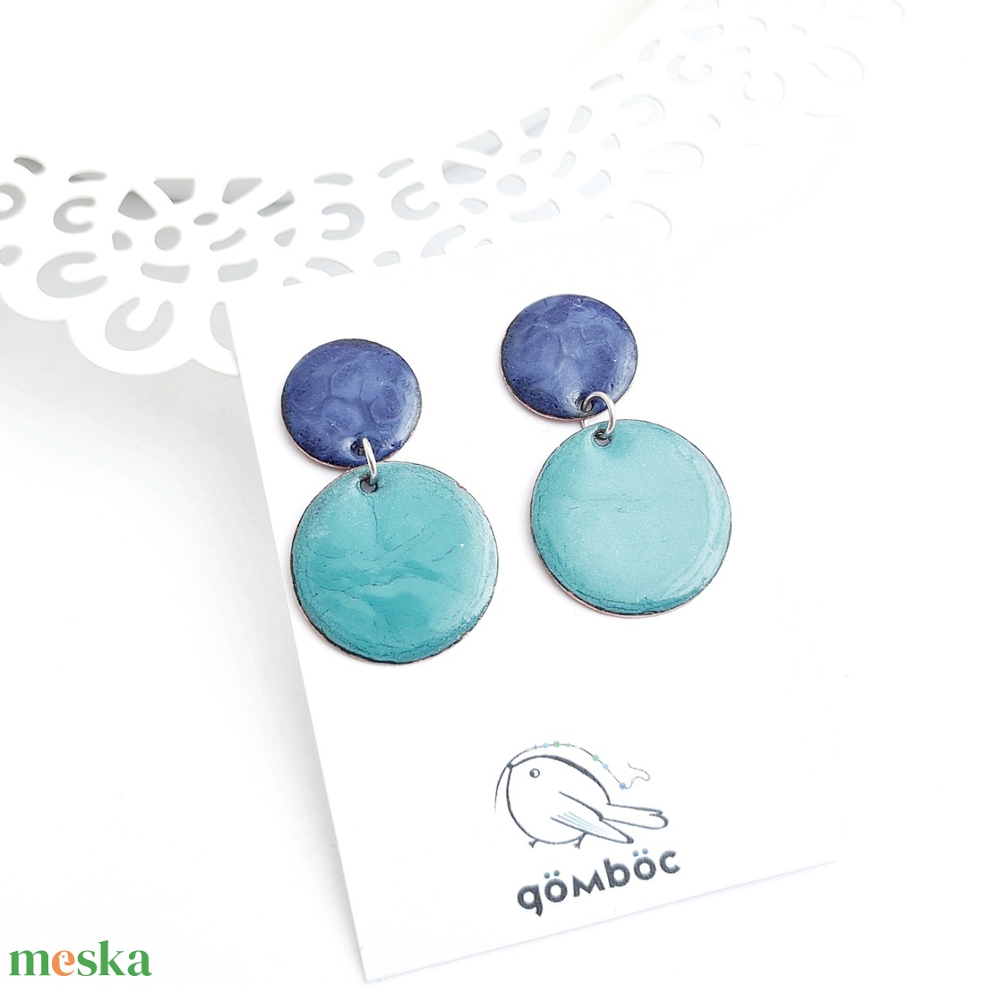 Tűzzománc kék-türkiz lógós fülbevaló - ékszer - fülbevaló - lógó fülbevaló - Meska.hu