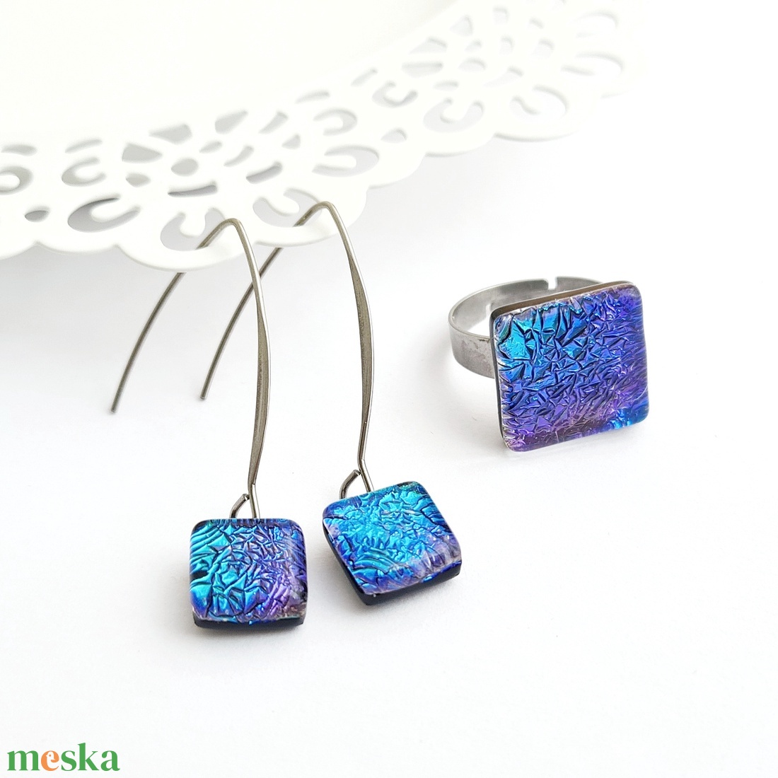 Türkiz-lila színjátszó Dichroic üveg ékszerszett - ékszer - ékszerszett - Meska.hu