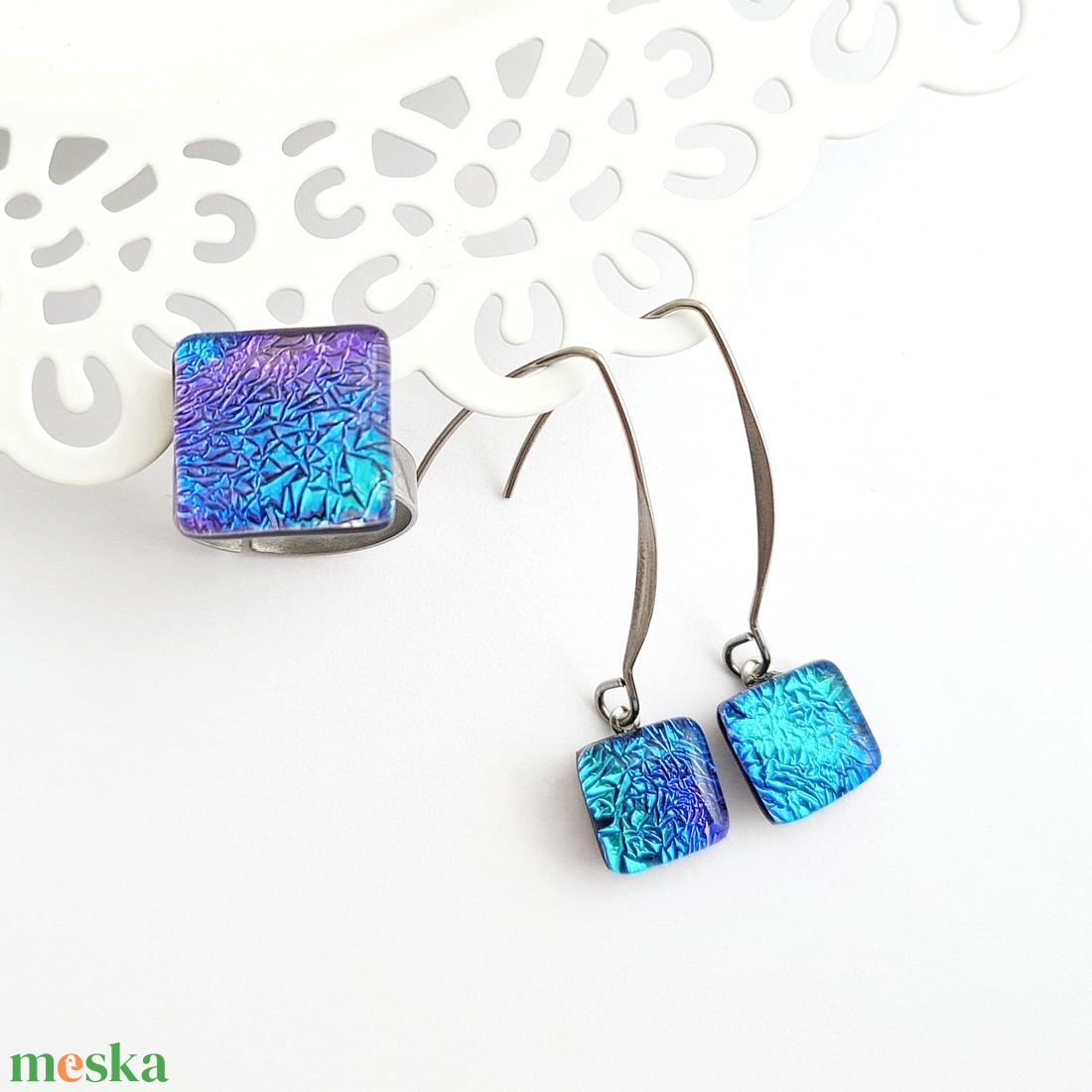 Türkiz-lila színjátszó Dichroic üveg ékszerszett - ékszer - ékszerszett - Meska.hu