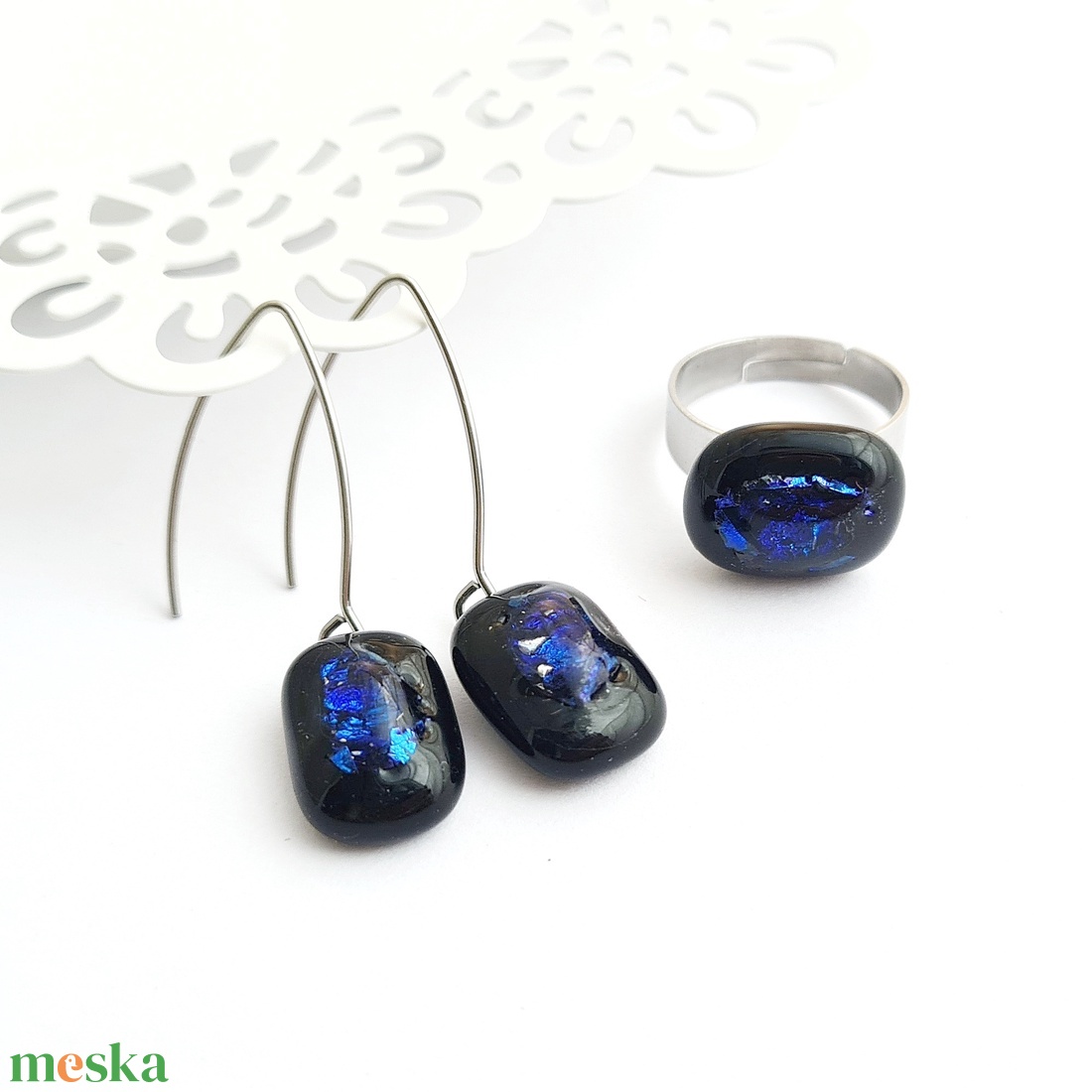 Türkiz-kék-fekete színjátszó Dichroic üveg ékszerszett - ékszer - ékszerszett - Meska.hu