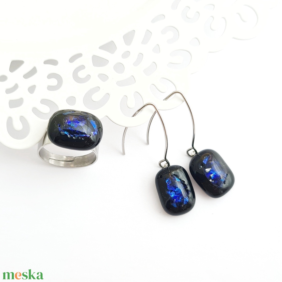 Türkiz-kék-fekete színjátszó Dichroic üveg ékszerszett - ékszer - ékszerszett - Meska.hu