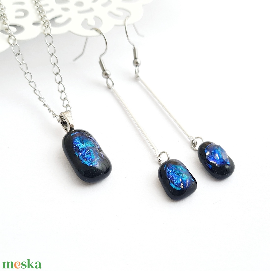 Türkiz-kék-fekete színjátszó Dichroic üveg ékszerszett - ékszer - ékszerszett - Meska.hu