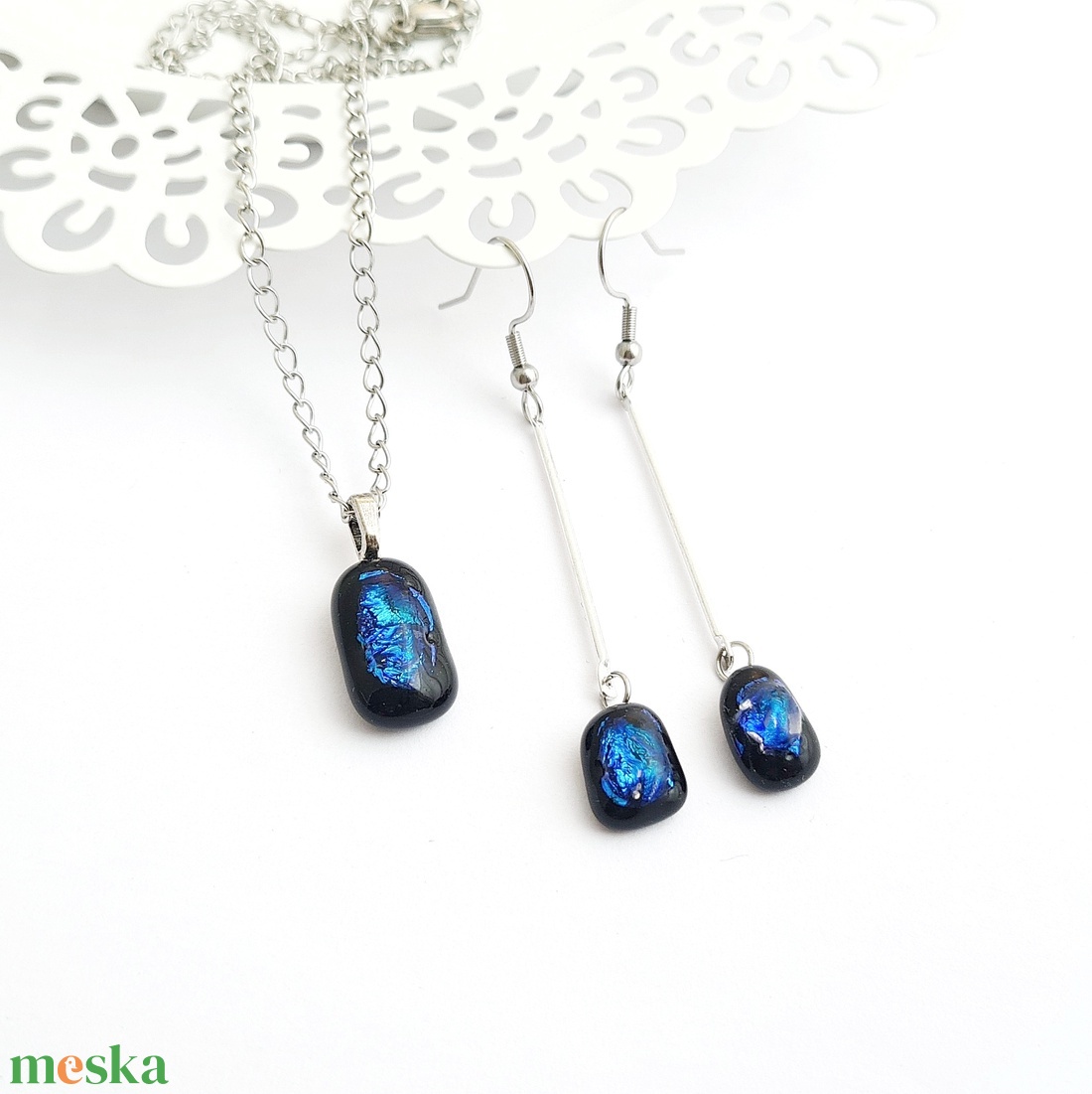 Türkiz-kék-fekete színjátszó Dichroic üveg ékszerszett - ékszer - ékszerszett - Meska.hu