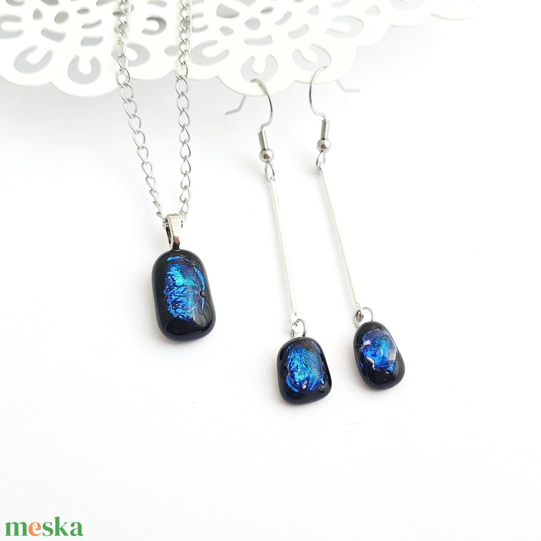 Türkiz-kék-fekete színjátszó Dichroic üveg ékszerszett - ékszer - ékszerszett - Meska.hu