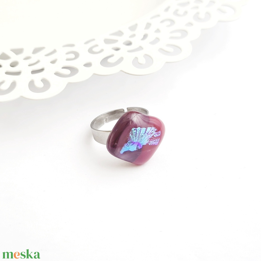 Rózsaszín-lila Dichroic üveg gyűrű - ékszer - gyűrű - figurális gyűrű - Meska.hu