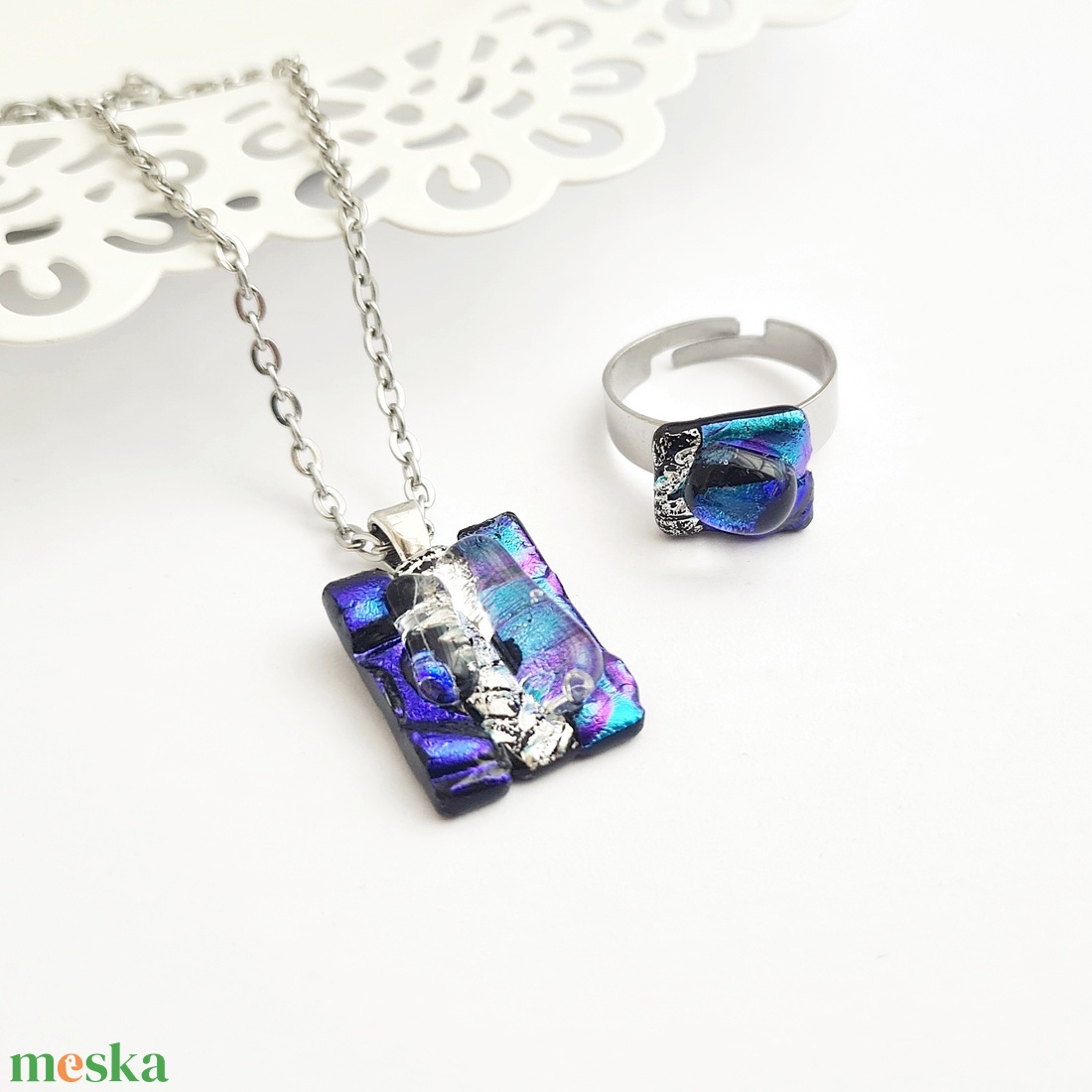 Türkiz-ezüst-lila Dichroic üveg ékszerszett - ékszer - ékszerszett - Meska.hu