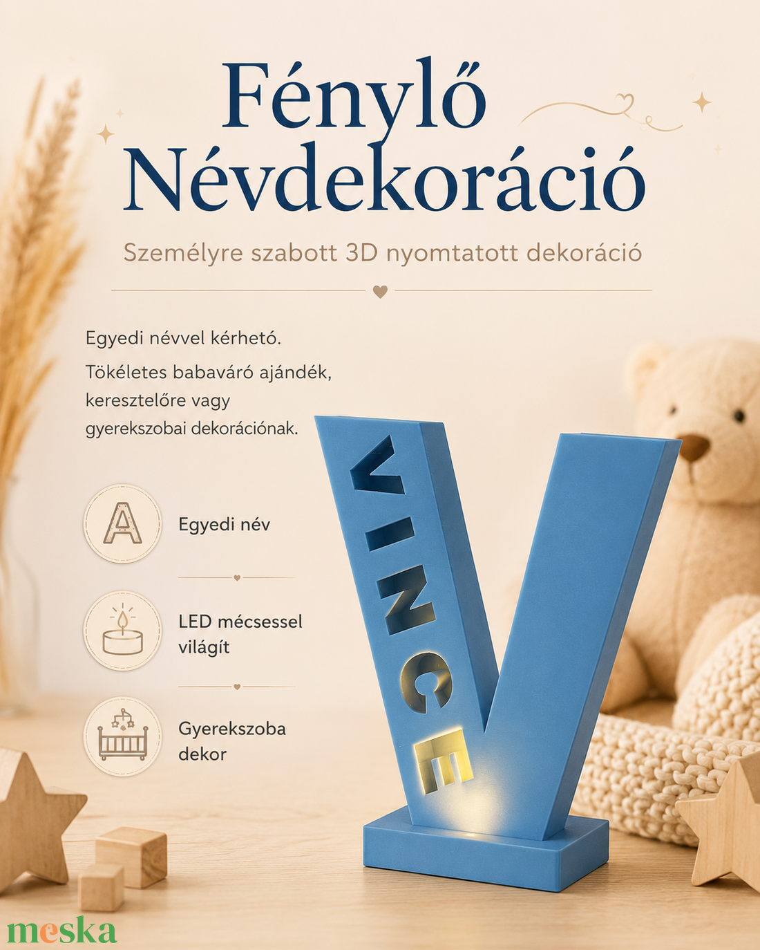 Fénylő Névdekoráció - személyre szabott, LED mécsessel világító 3D kezdőbetű - baba - mama - babaszoba dekoráció - baba névtábla - Meska.hu