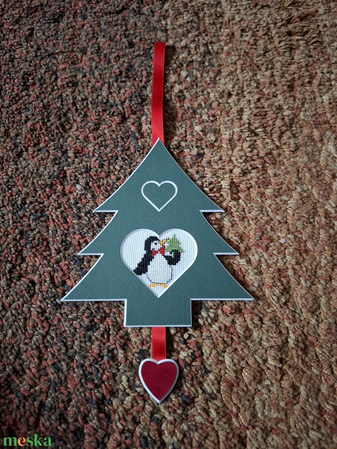 Keresztszemes karácsonyi pingvines dísz - karácsony - adventi díszek - adventi ajtódísz - Meska.hu