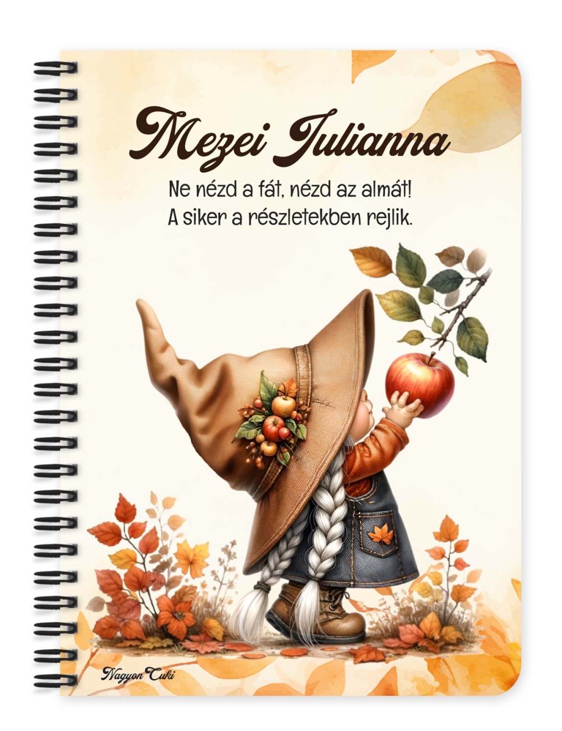 Személyre szabható - Őszi manó lány és az alma mintás A6-os füzet - otthon & életmód - papír, írószer - jegyzetfüzet & napló - Meska.hu