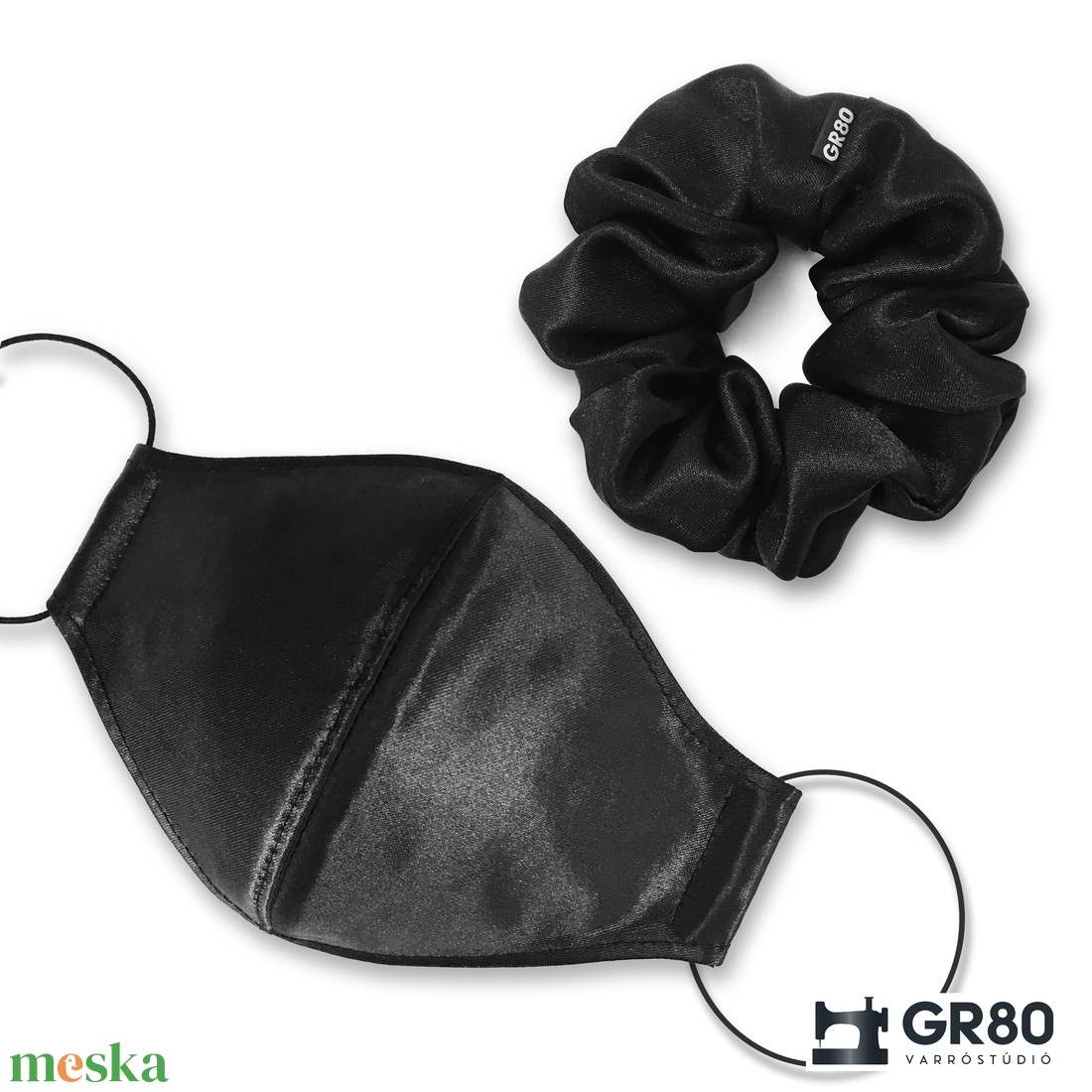 Fekete szett: női maszk + hajgumi, minőségi szaténselyemből. Szűrőbetétes maszk, 12 cm átmérőjű scrunchie - maszk, arcmaszk - női - Meska.hu