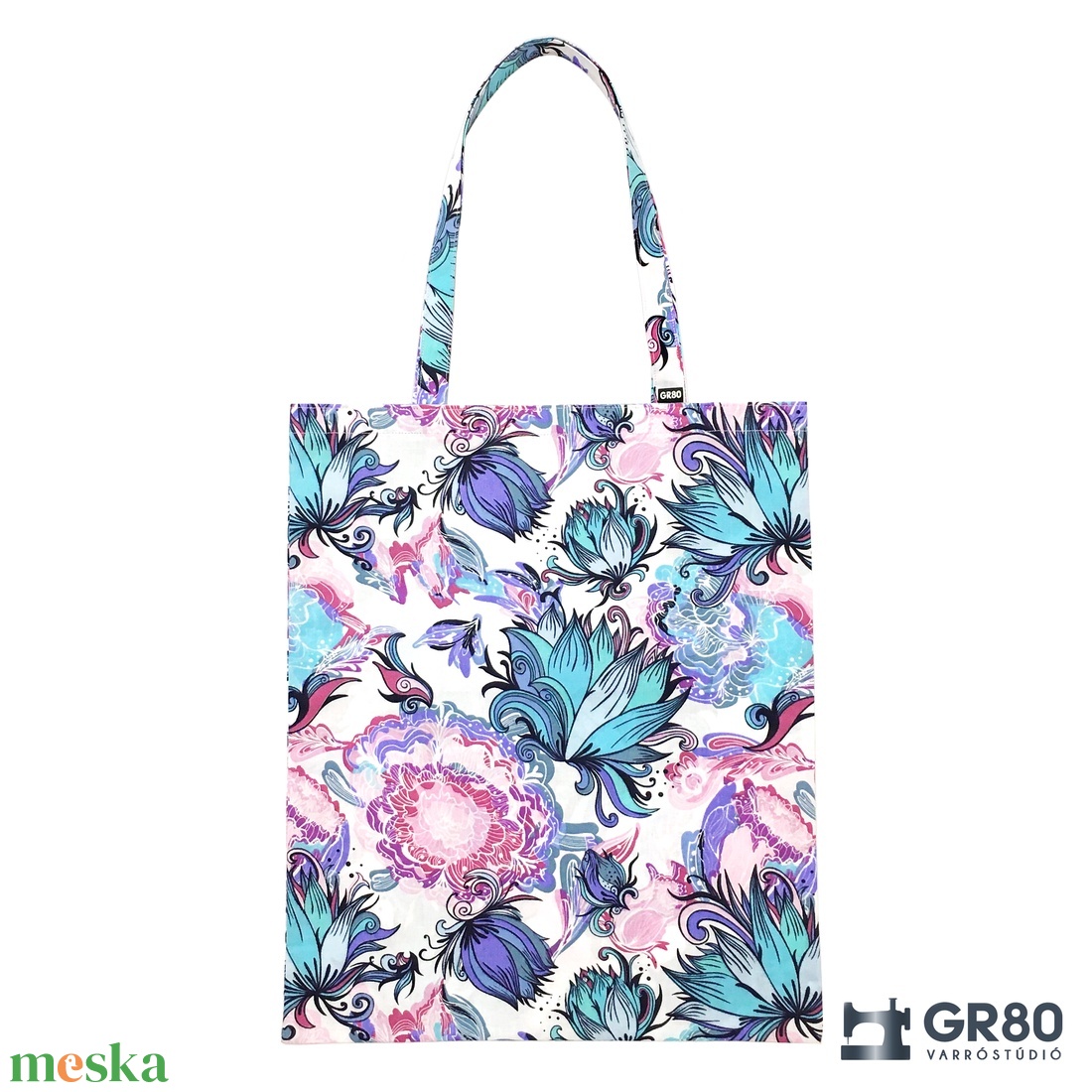 Vászontáska türkiz virág mintával, bevásárlótáska - táska & tok - bevásárlás & shopper táska - shopper, textiltáska, szatyor - Meska.hu