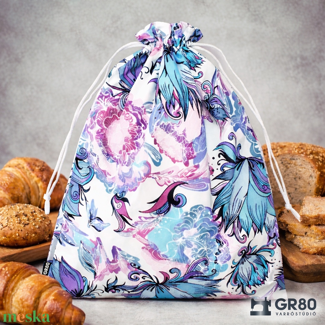 Nagy kenyeres zsák PUL béléssel - Türkiz virágos - táska & tok - bevásárlás & shopper táska - kenyeres zsák - Meska.hu