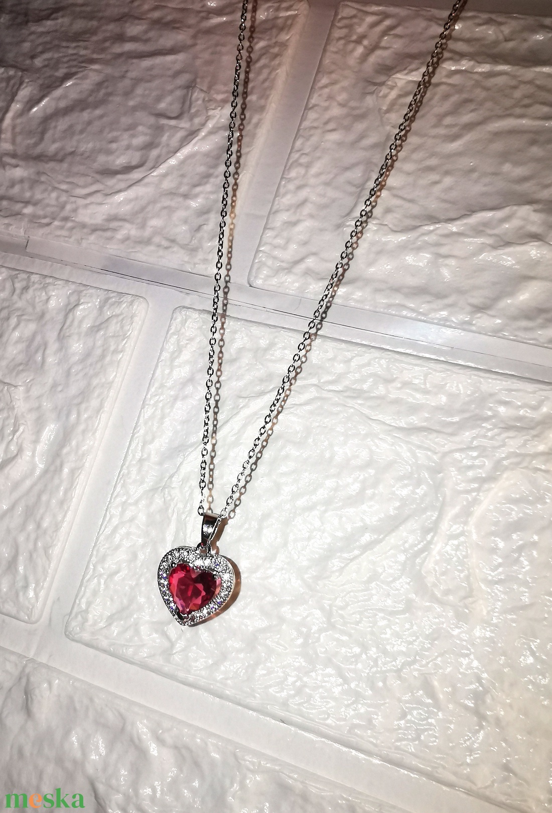 Pink szív cirkónia nyaklánc - ékszer - nyaklánc - medálos nyaklánc - Meska.hu