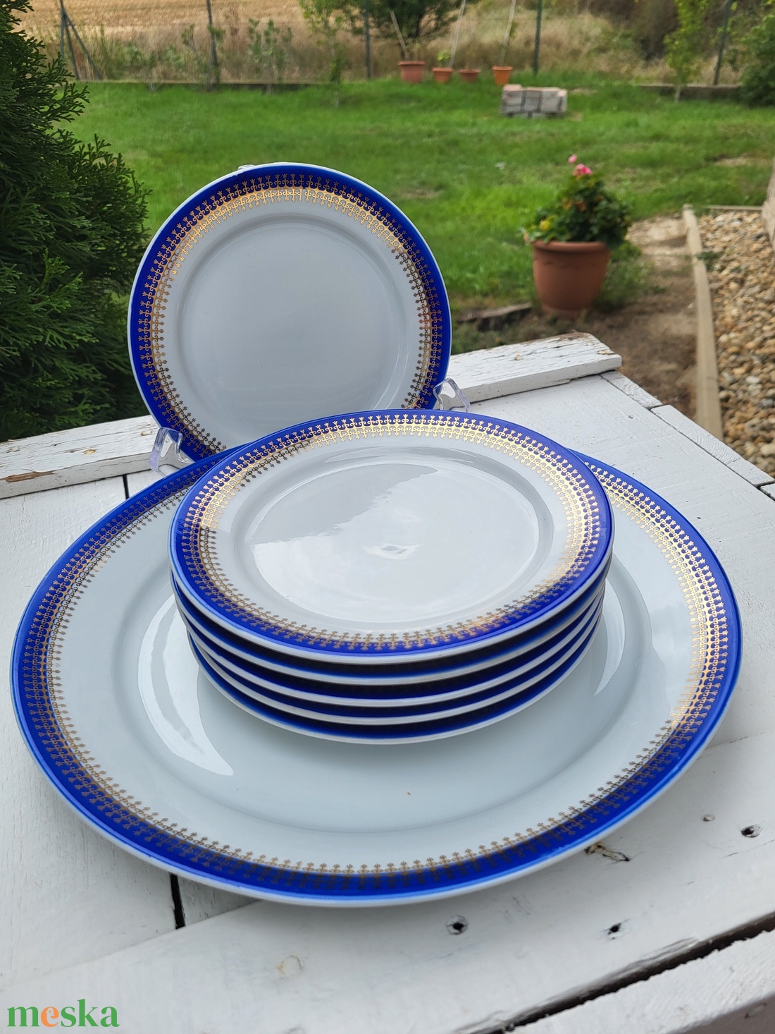 Alföldi porcelán_kék-arany süteményes tányérkészlet - otthon & életmód - konyhafelszerelés, tálalás - tálalás - tányér & étkészlet - Meska.hu
