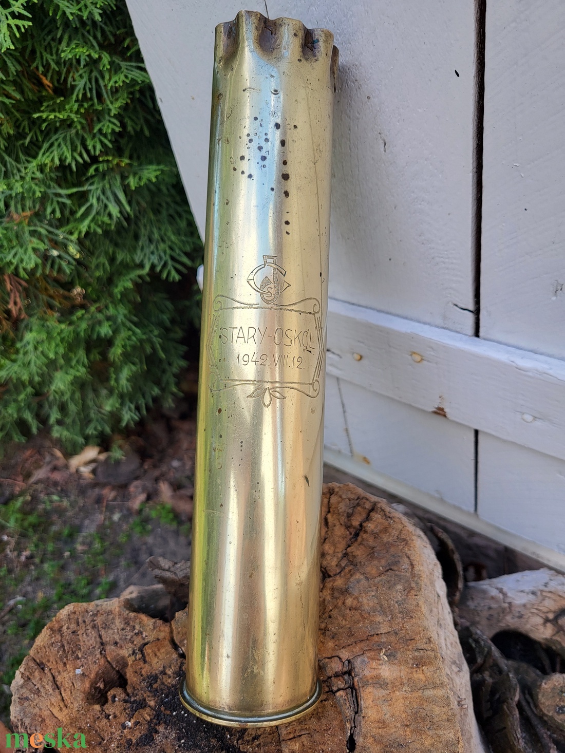 II. világháborús, gravírozott, dátumozott, sárgaréz, ágyúhüvely váza - otthon & életmód - dekoráció - virágdísz és tartó - váza - Meska.hu