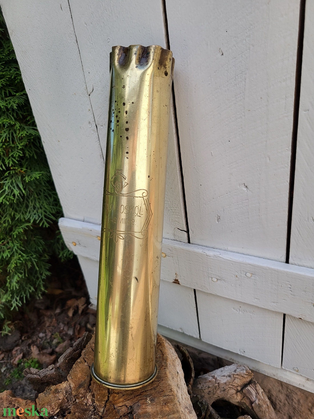 II. világháborús, gravírozott, dátumozott, sárgaréz, ágyúhüvely váza - otthon & életmód - dekoráció - virágdísz és tartó - váza - Meska.hu