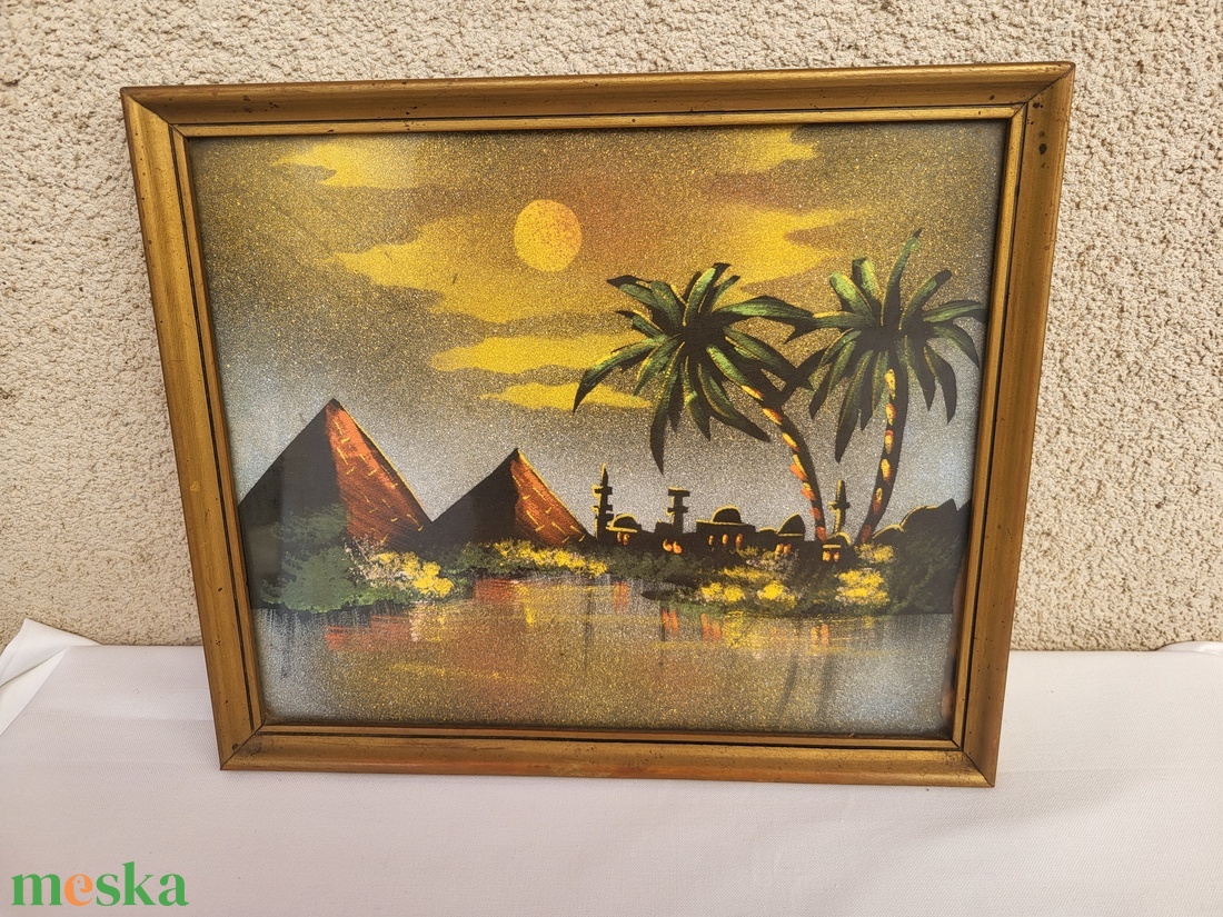 Art deco selyem falikép aranyozott, üvegezett fakeretben_piramisok - otthon & életmód - dekoráció - fali és függő dekoráció - falra akasztható dekor - Meska.hu