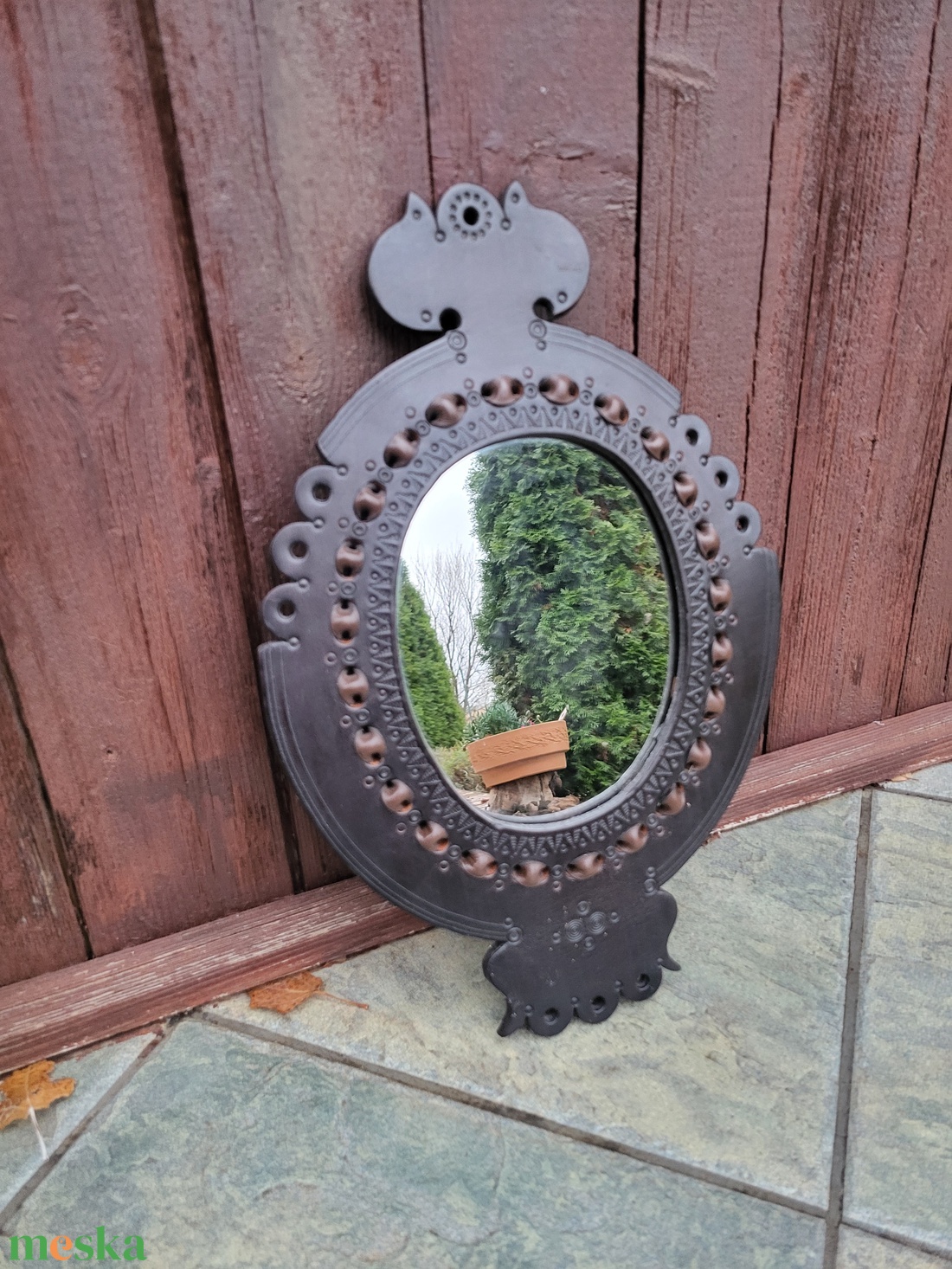 Vintage, Iparművészeti bőrkeretes tükör - otthon & életmód - dekoráció - tükör - Meska.hu