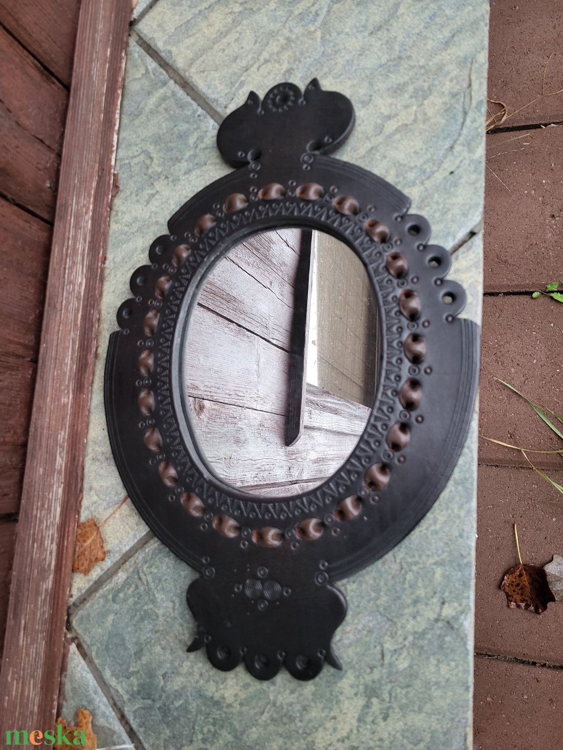 Vintage, Iparművészeti bőrkeretes tükör - otthon & életmód - dekoráció - tükör - Meska.hu