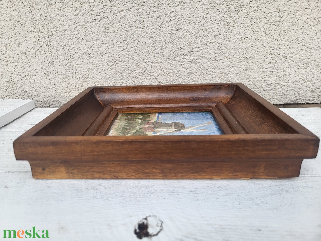 Régi, üvegezett fakeretes tűgobelin falikép_szélmalom - művészet - textilkép - gobelin - Meska.hu