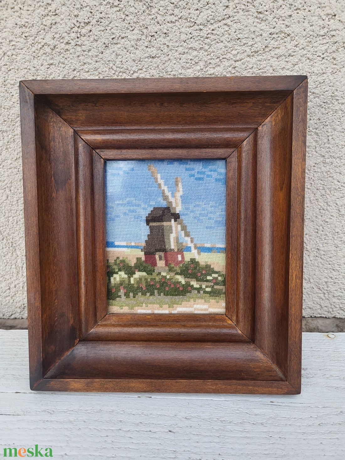 Régi, üvegezett fakeretes tűgobelin falikép_szélmalom - művészet - textilkép - gobelin - Meska.hu