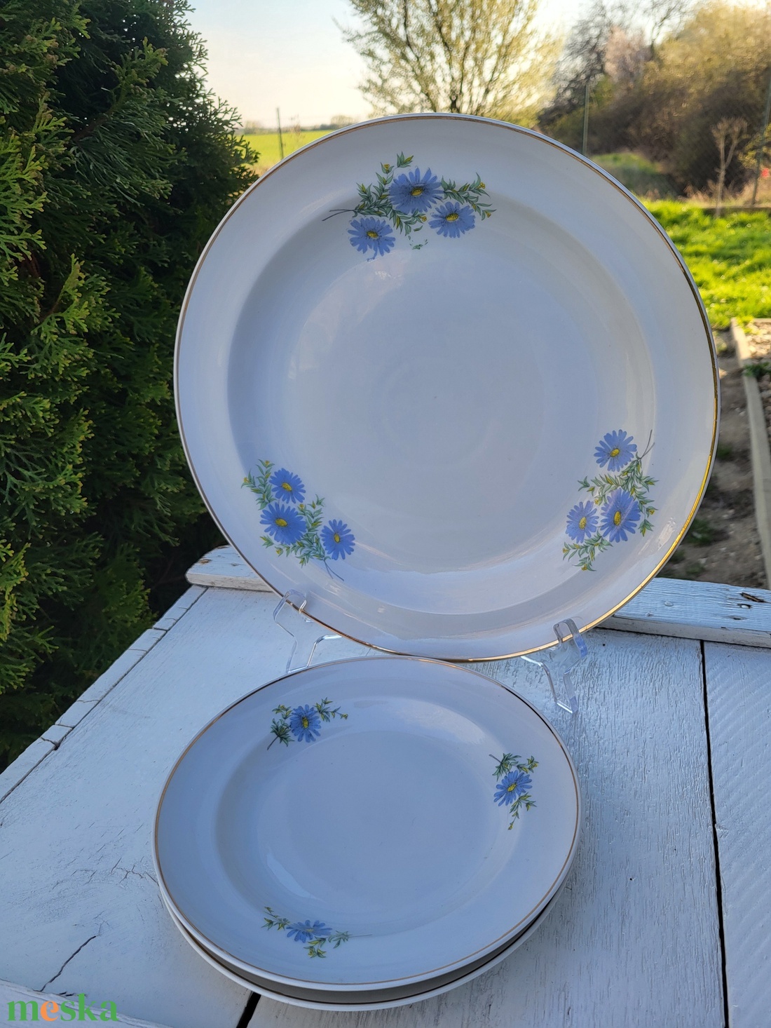 Hollóházi porcelán_ritka, kékvirágos süteménykínáló tál + 2 db kistányér - otthon & életmód - konyhafelszerelés, tálalás - tálalás - tányér & étkészlet - Meska.hu