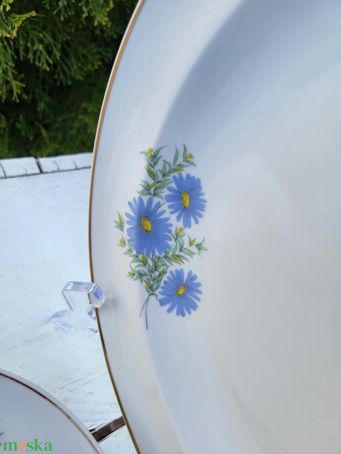 Hollóházi porcelán_ritka, kékvirágos süteménykínáló tál + 2 db kistányér - otthon & életmód - konyhafelszerelés, tálalás - tálalás - tányér & étkészlet - Meska.hu