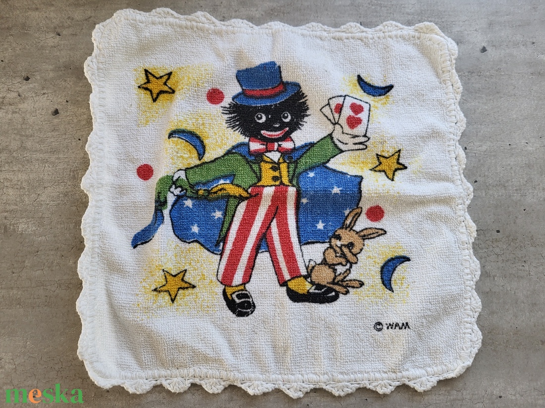 Vintage, retro Golliwogg figurás, frottír kéztörlő horgolt szegéllyel_ritka! - otthon & életmód - fürdőszoba - törölköző - Meska.hu