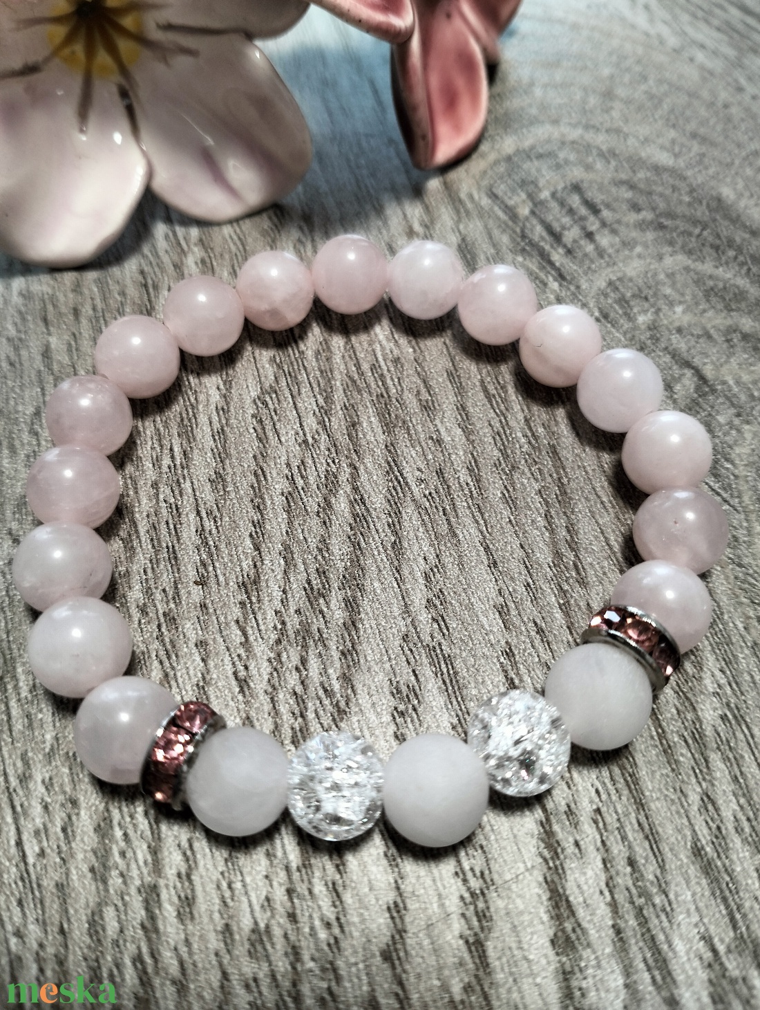 Női Ásványkarkötő - Rózsakvarc + Roppantott hegyikristály - ékszer - karkötő - ásványkarkötő - Meska.hu