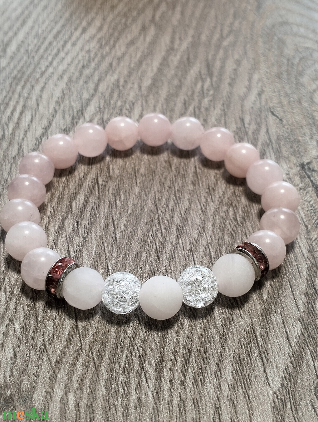 Női Ásványkarkötő - Rózsakvarc + Roppantott hegyikristály - ékszer - karkötő - ásványkarkötő - Meska.hu