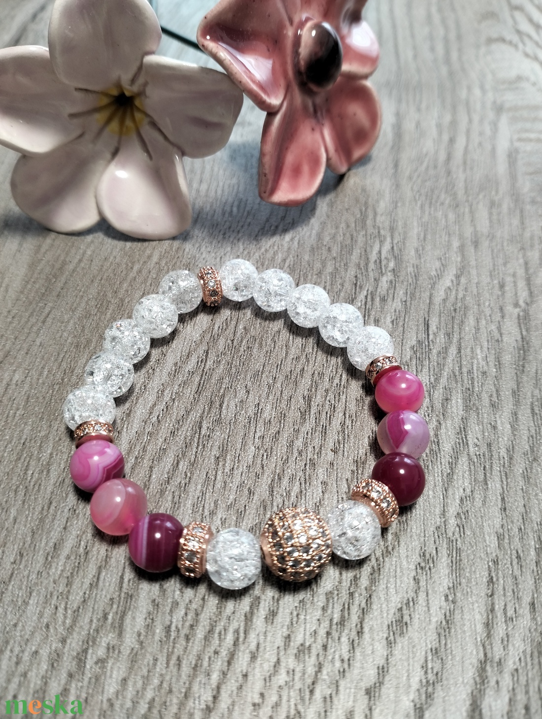 Női Ásványkarkötő - Pink achát + Roppantott hegyikristály - ékszer - karkötő - ásványkarkötő - Meska.hu